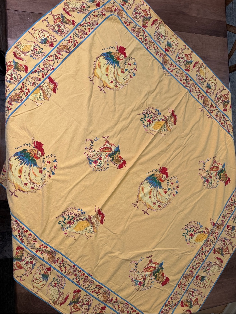 Vintage April Cornell Yellow Rooster Print table cloth 49x51